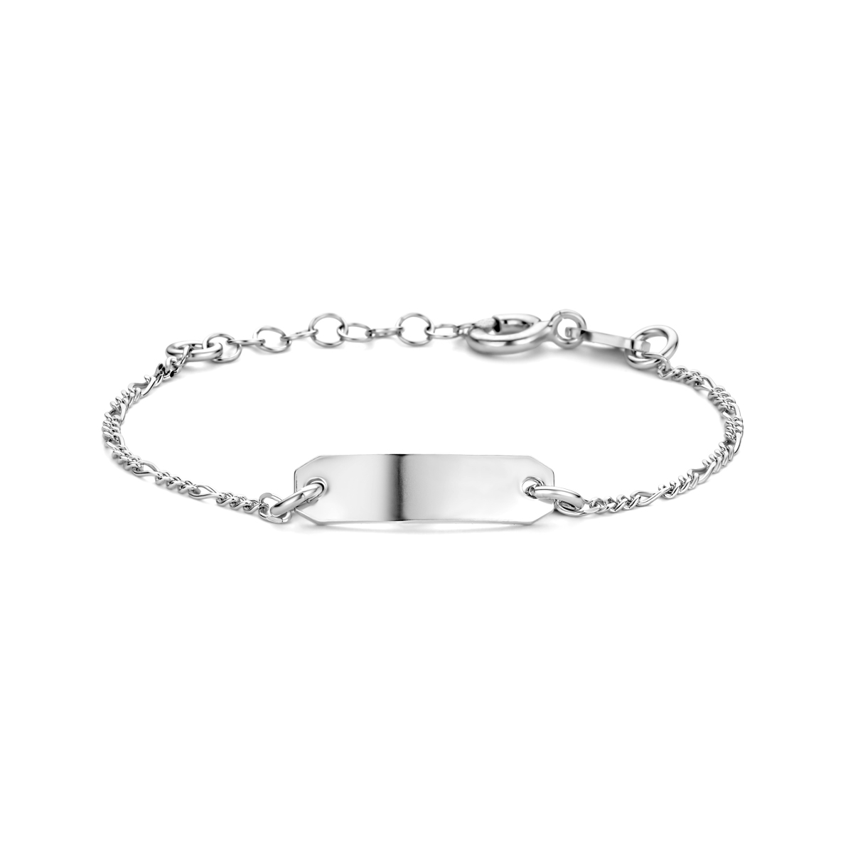 Gerhodineerd 925 zilveren graveerarmband met een schakelbreedte van 1.5mm en een plaat van 5x18.5mm met een dikte van 0.9mm. De armband heeft draaglengte 11cm en een extensie van 2cm.