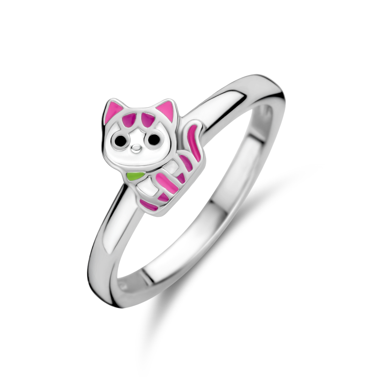 Gerhodineerd 925 zilveren ring met een emaille poes voorstelling. De ring heeft een breedte van 7mm.