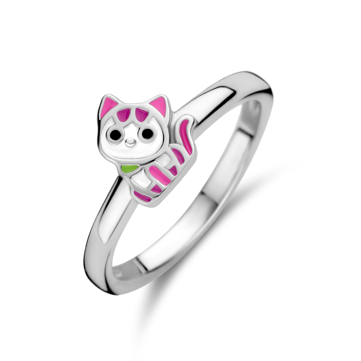 Gerhodineerd 925 zilveren ring met een emaille poes voorstelling. De ring heeft een breedte van 7mm.