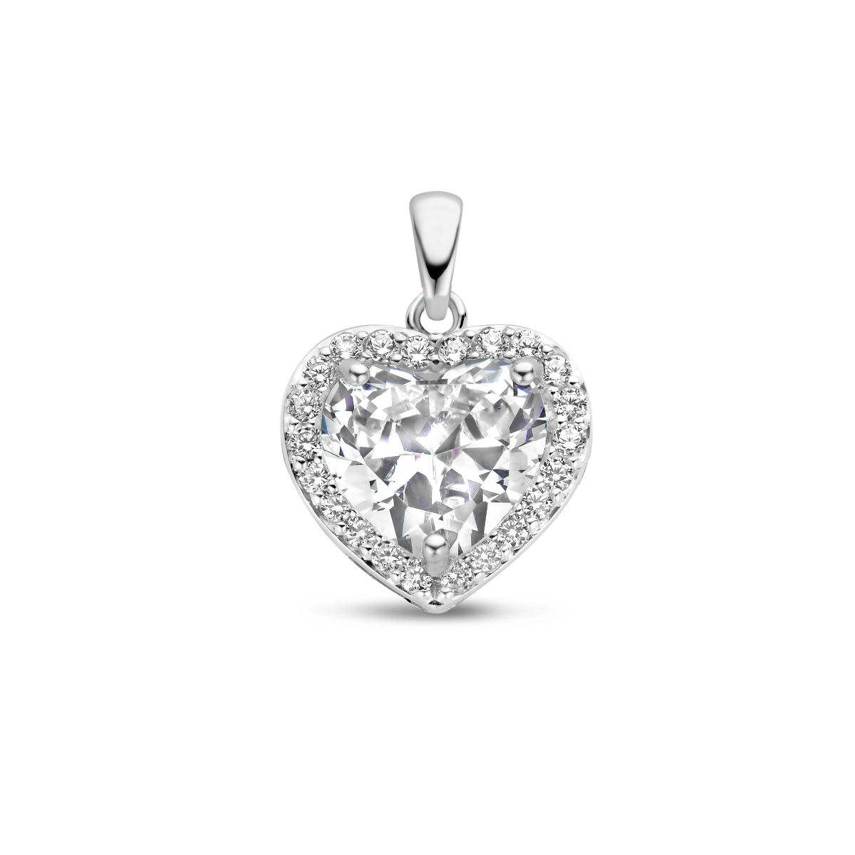 Gerhodineerd 925 zilveren hanger uitgevoerd met schitterende zirkonia. De hanger heeft een afmeting van 13.5x14mm.