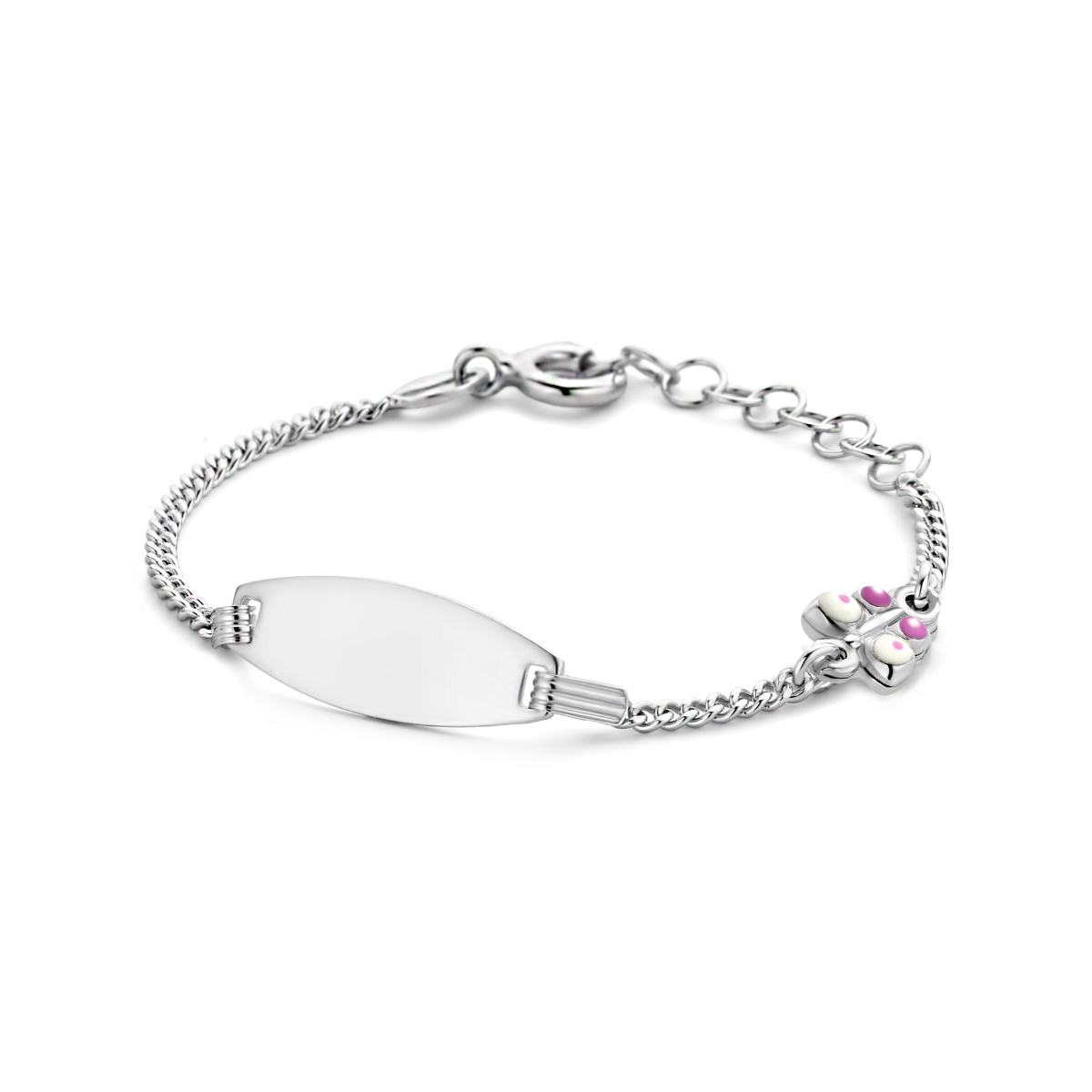 Gerhodineerd 925 zilveren graveerarmband uitgevoerd met een vlinder. De armband heeft een draaglengte van 11cm en een extensie van 2cm. De schakelbreedte is 1.6mm;De graveerplaat heeft een dikte van 0.5mm.