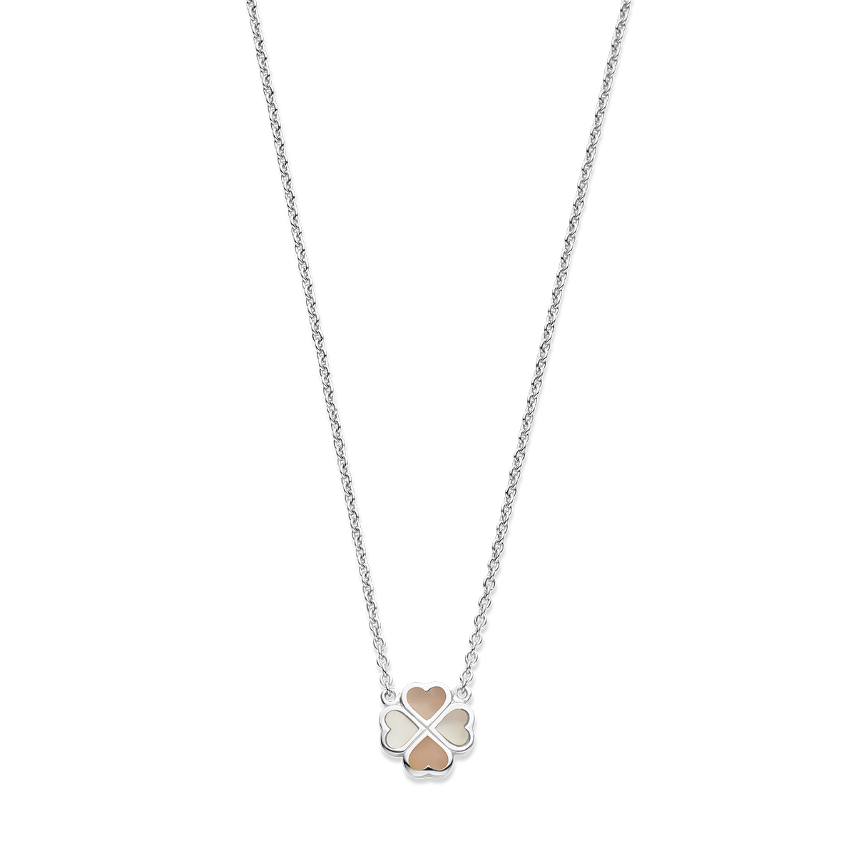 Gerhodineerd 925 zilveren collier met een klavertje met roze en wit parelmoer. Het collier heeft een draaglengte van 36cm en een extensie van 4cm. De schakelbreedte is 1.3mm. Uitgevoerd met een karabijn sluiting.