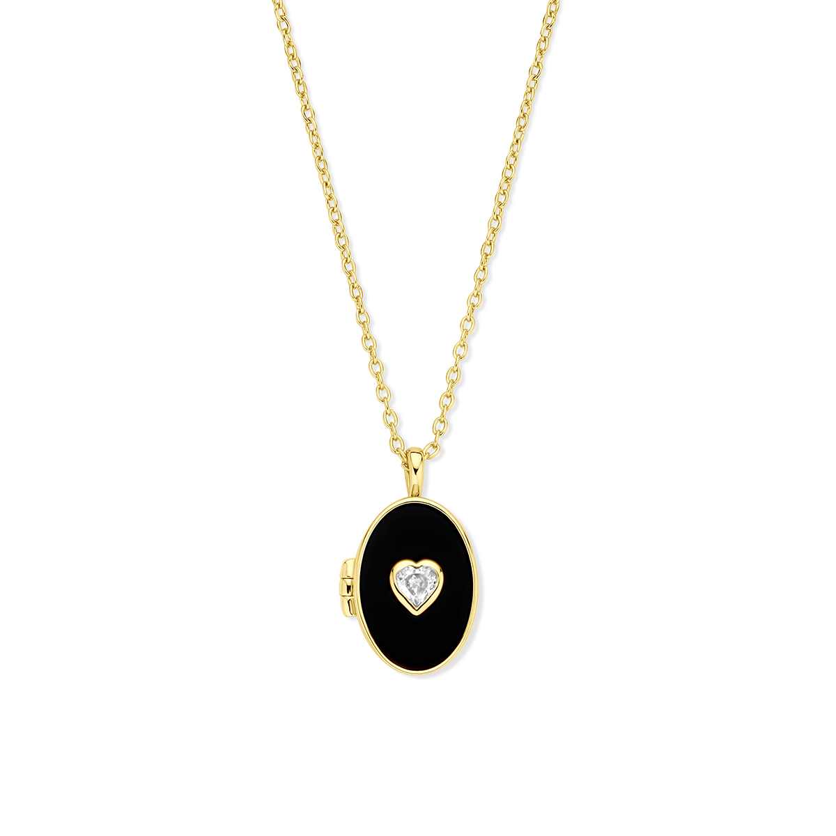 Verguld geel op 925 zilveren collier uitgevoerd met een hartje zirkonia en een onyx medaillon. Het collier heeft een draaglengte van 42cm met 3cm extensie. Geen garantie op plating.