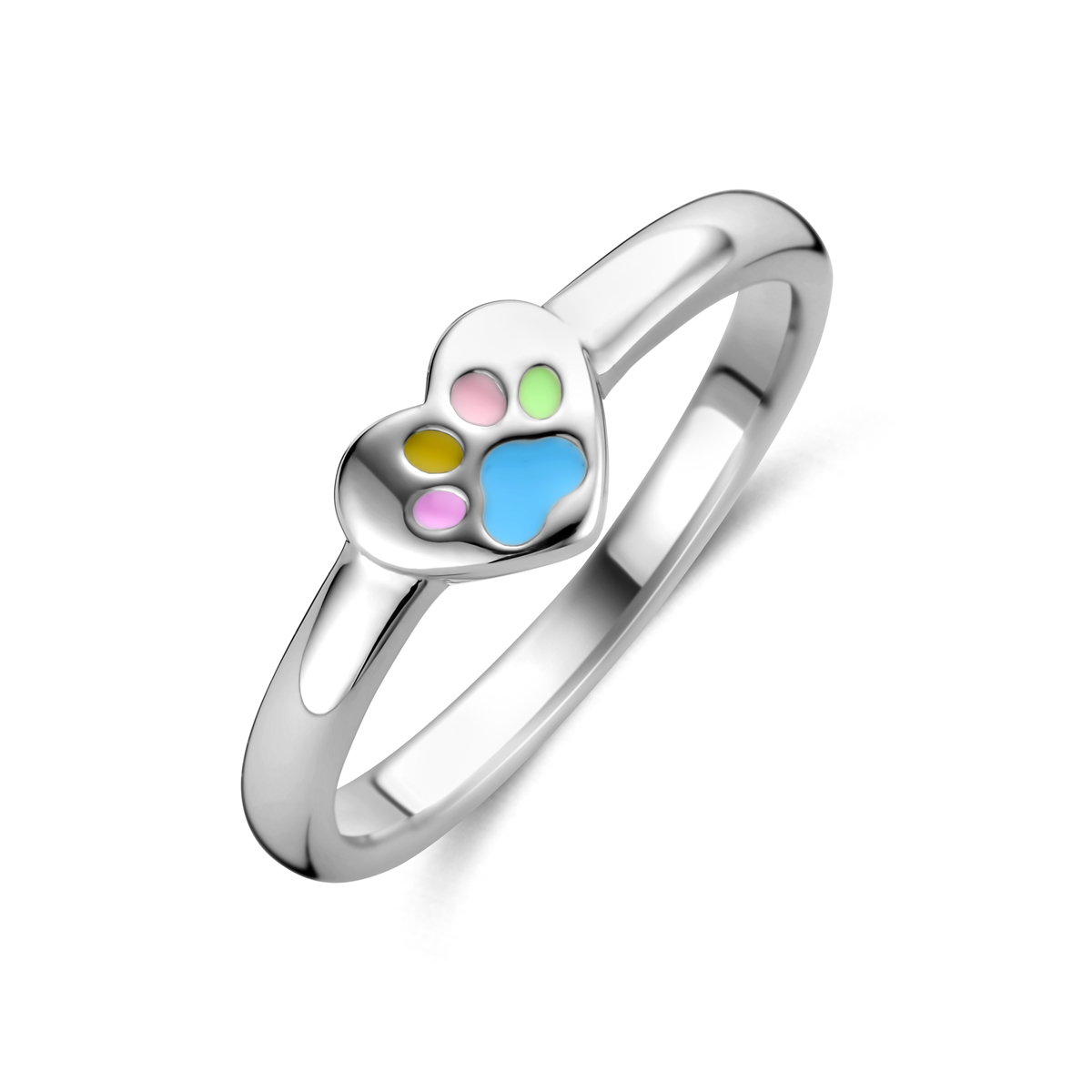 Gerhodineerd 925 zilveren ring uitgevoerd in de vorm van een hartje met hondenpoten. De ring heeft een afmeting van 5x6mm.