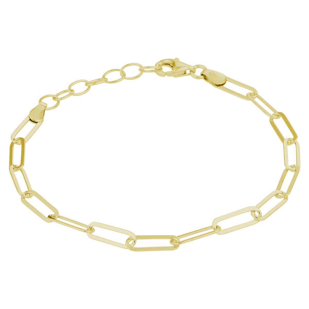 Verguld op 925 zilveren paperclip armband uitgevoerd met een karabijn sluiting. De armband heeft een draaglengte van 16cm en een extensie van 3cm. De schakelbreedte is 3.8mm. Geen garantie op plating.