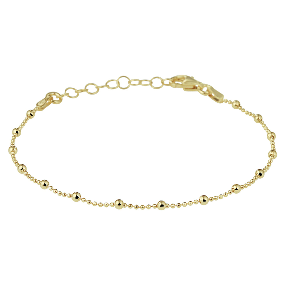 Trendy verguld op zilveren armband uitgevoerd met bolletjes van 1 en 2mm. De armband heeft een stevige karabijn sluiting en een draaglengte van 16cm met een extensie van 3cm. Geen garantie op plating.