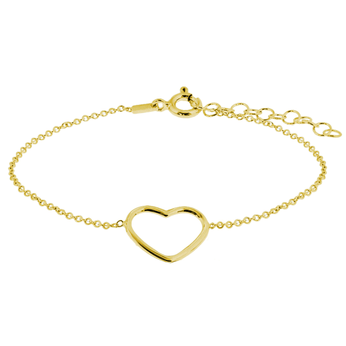 Verguld op 925 zilveren armband uitgevoerd met een hartje. De armband heeft een draaglengte van 16cm met een extensie van 3cm. Het hartje heeft een afmeting van 12.5x15.5mm. De schakelbreedte is 1.3mm. Geen garantie op plating.