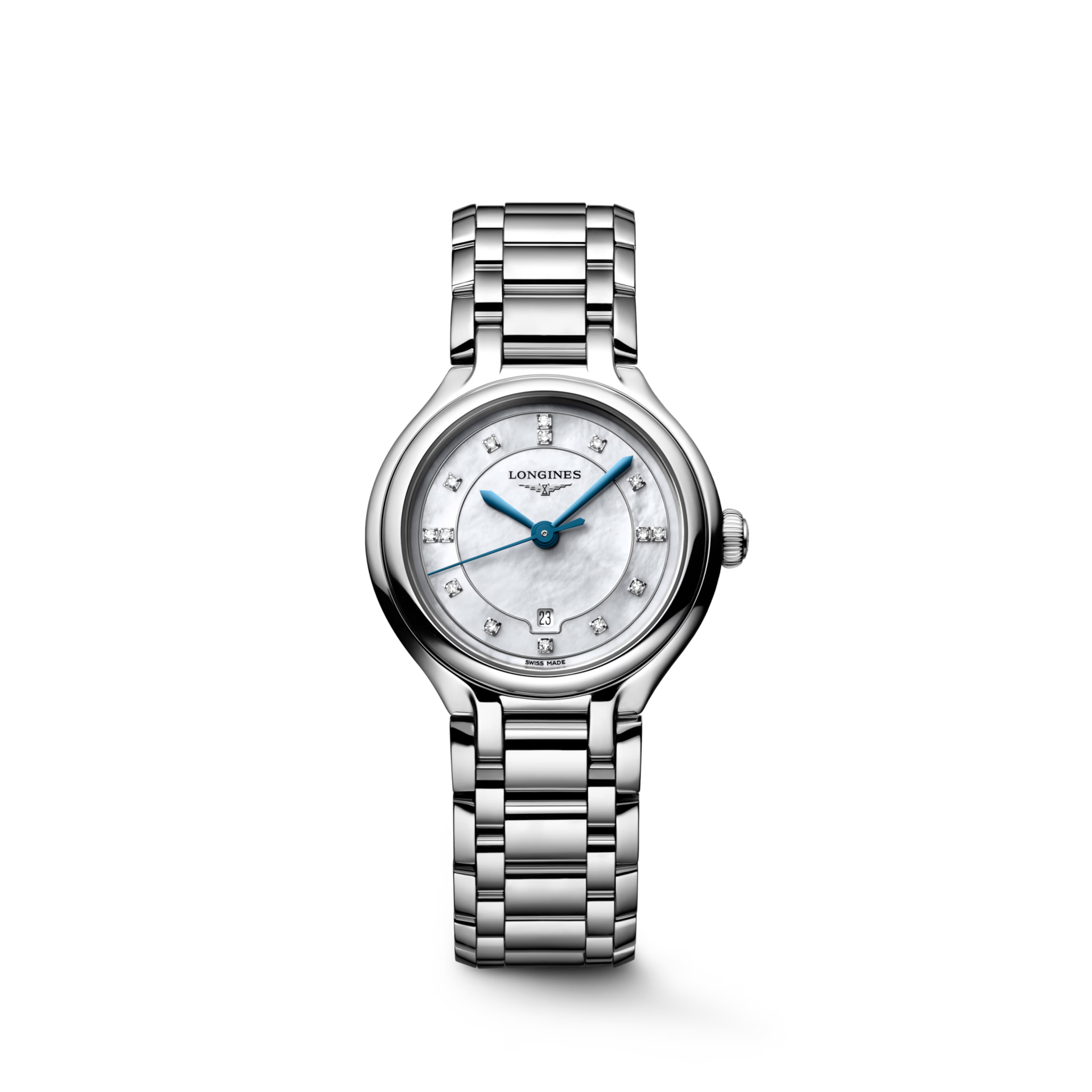 Een dames polshorloge Longines Prima Luna met een parelmoer wijzerplaat met diamanten index.
