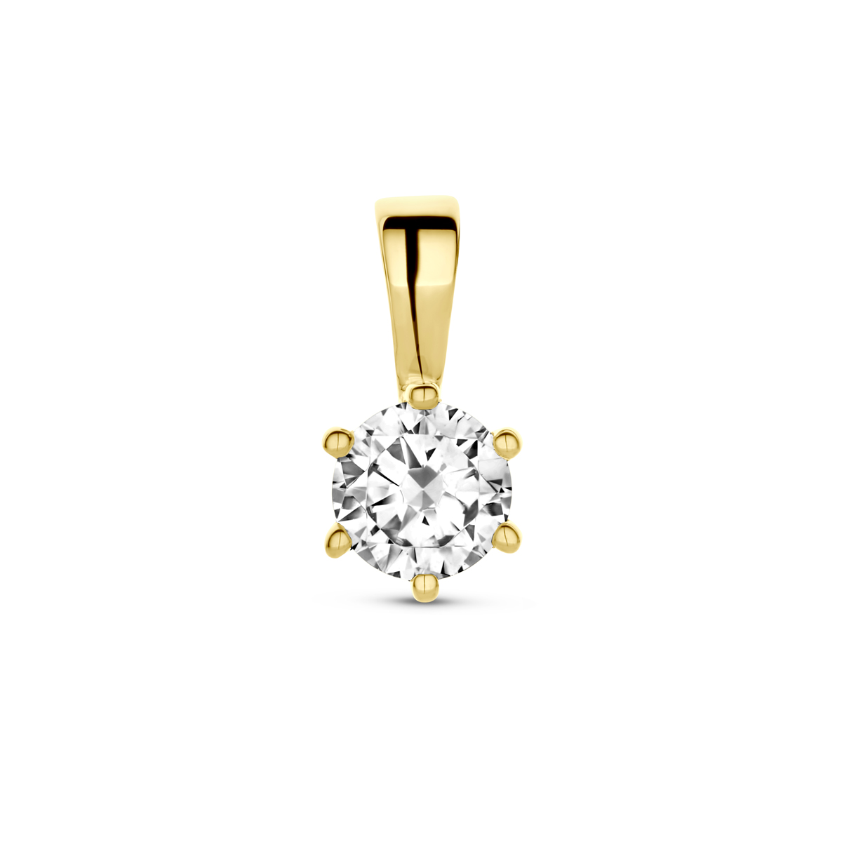 14k Geelgouden hanger uitgevoerd met zirkonia. De hanger heeft een afmeting van 9,5x5mm.