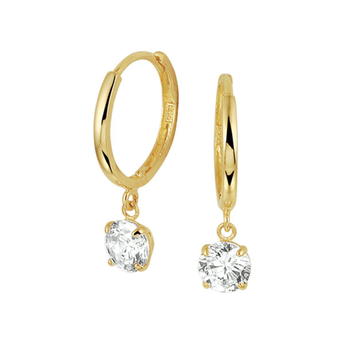 14k Geelgouden klapoorringen uitgevoerd met een briljant geslepen zirkonia in een chaton zetting. De klapoorringen hebben een diameter van 13mm met een 1.5mm brede buis. De zirkonia heeft een diameter van 5mm.