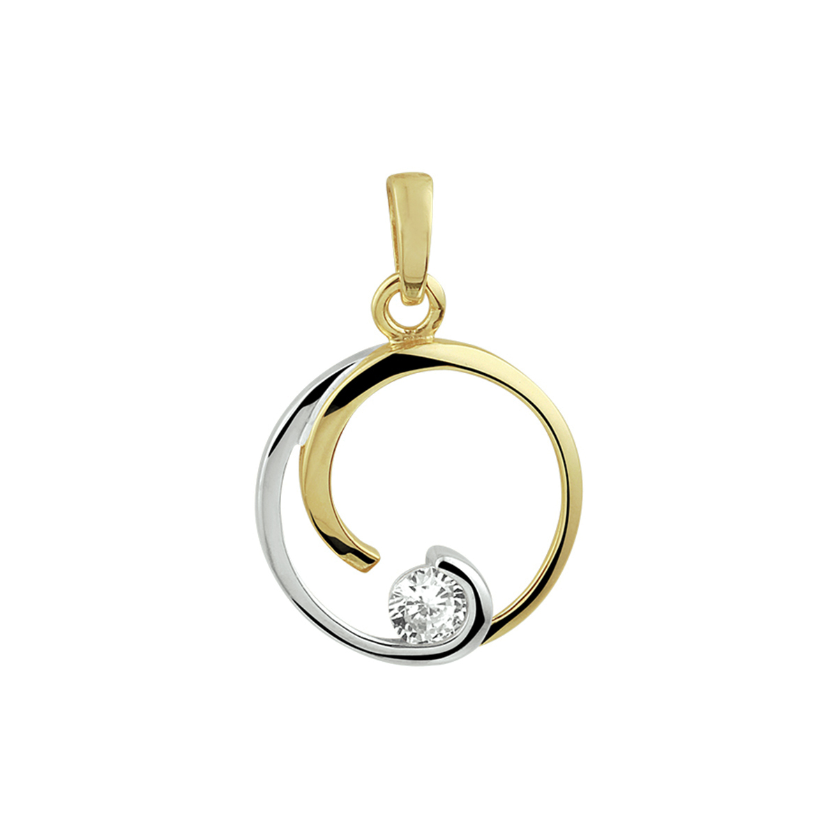 14k Geelgouden hanger met een totale hoogte van 23mm en uitgevoerd met een heldere zirkonia. De hanger is bicolor gestift en heeft een diameter van 15mm.