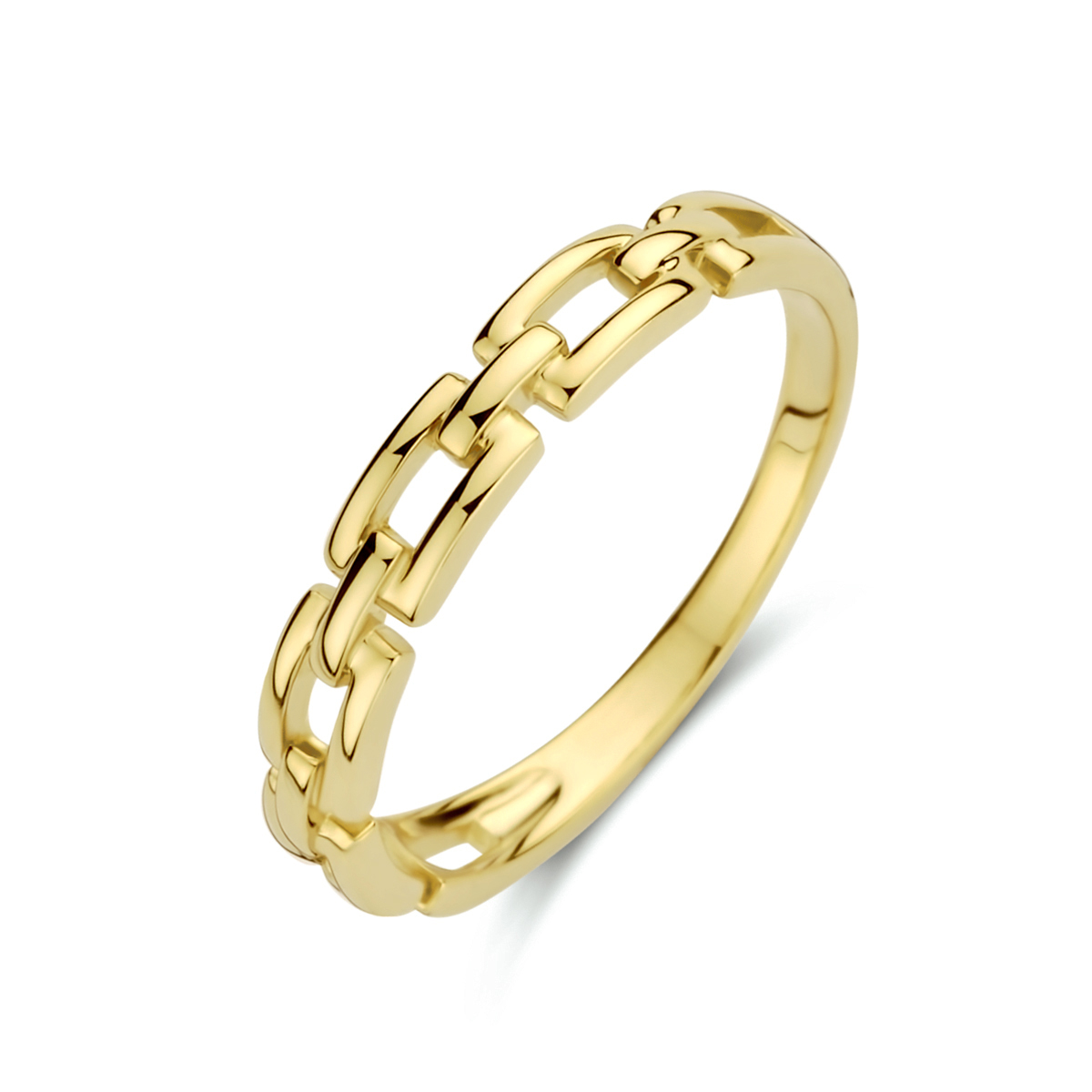 14k Geelgouden ring uitgevoerd met een schakelmotief. De ring heeft een breedte van 3mm.