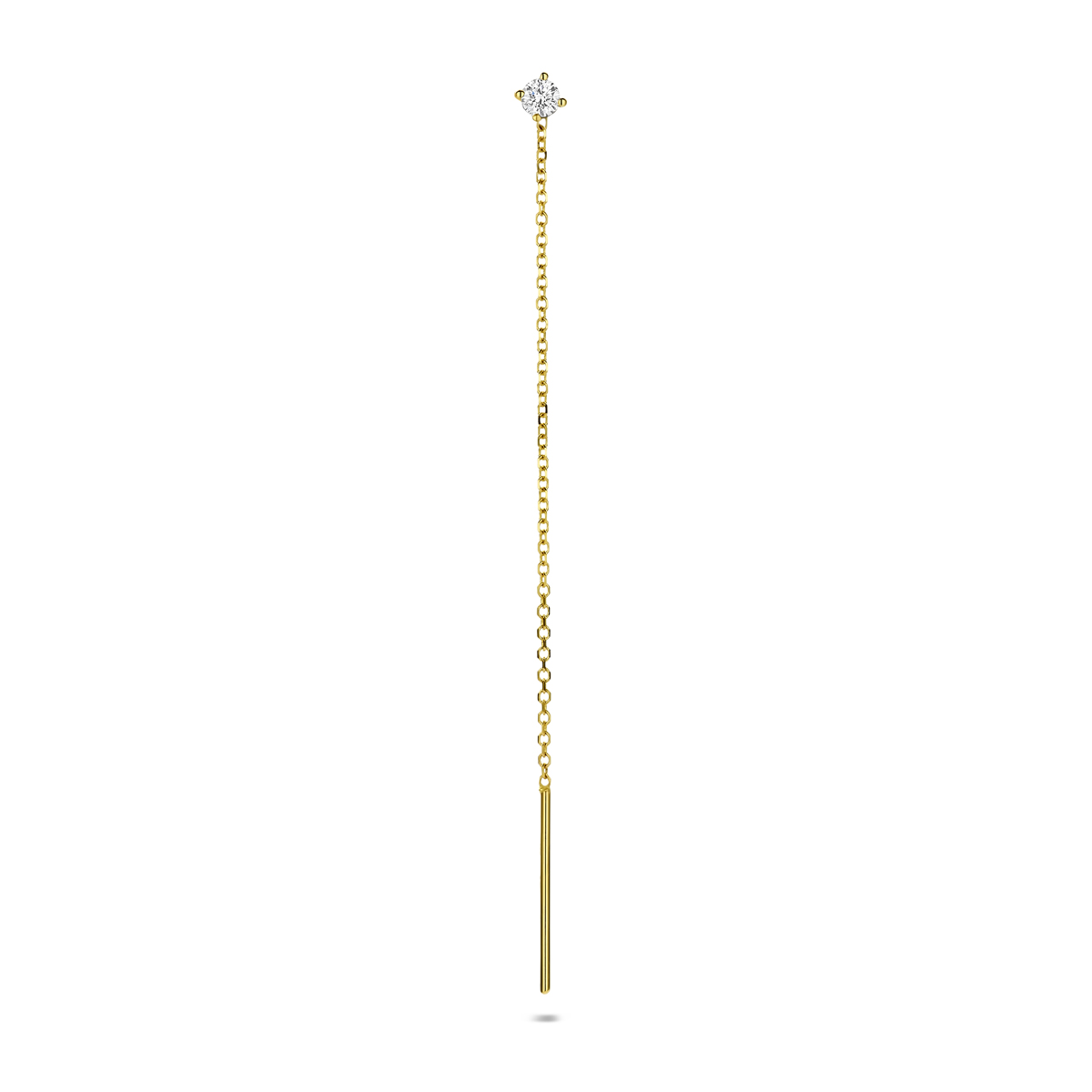 14k Geelgouden doortrekoorbel uitgevoerd met een lab grown diamant. De oorbel heeft een totale lengte van 70mm en een breedte van 1mm. Het totale diamantgewicht is 0.10ct.Lab grown diamanten zijn diamanten die ontstaan in een laboratorium. Onder extreem hoge druk en temperatuur wordt het natuurlijk ontstaansproces nagebootst met als eindresultaat een diamant met dezelfde chemische eigenschappen maar met een andere oorsprong.