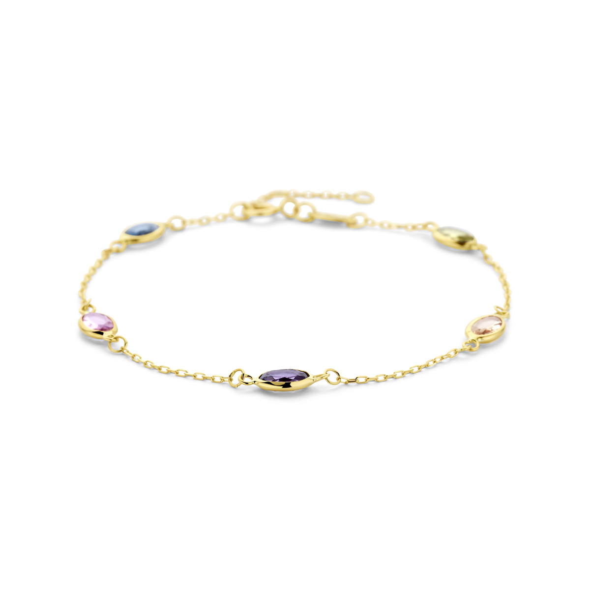14k Geelgouden armband uitgevoerd met synthetische peridot, champagne, amethist, aquamarijn en roze stenen. De armband heeft draaglengtes van 16.5-17.5-18.5cm en een schakelbreedte van 0.9mm.