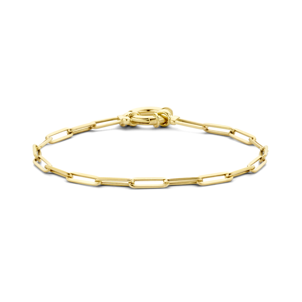 14k Geelgouden paperclip armband met een schakelbreedte van 3mm. De armband is uitgevoerd met een veerslot en heeft een draaglengte van 18cm.