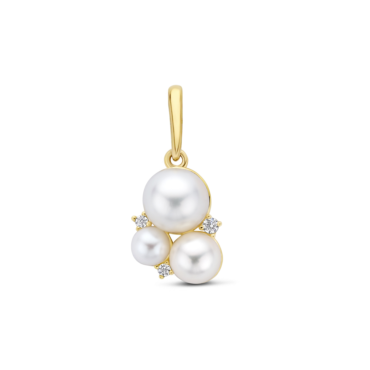 14k Geelgouden hanger uitgevoerd met parels en zirkonia. De hanger heeft een hoogte van 11mm excl. oogje.