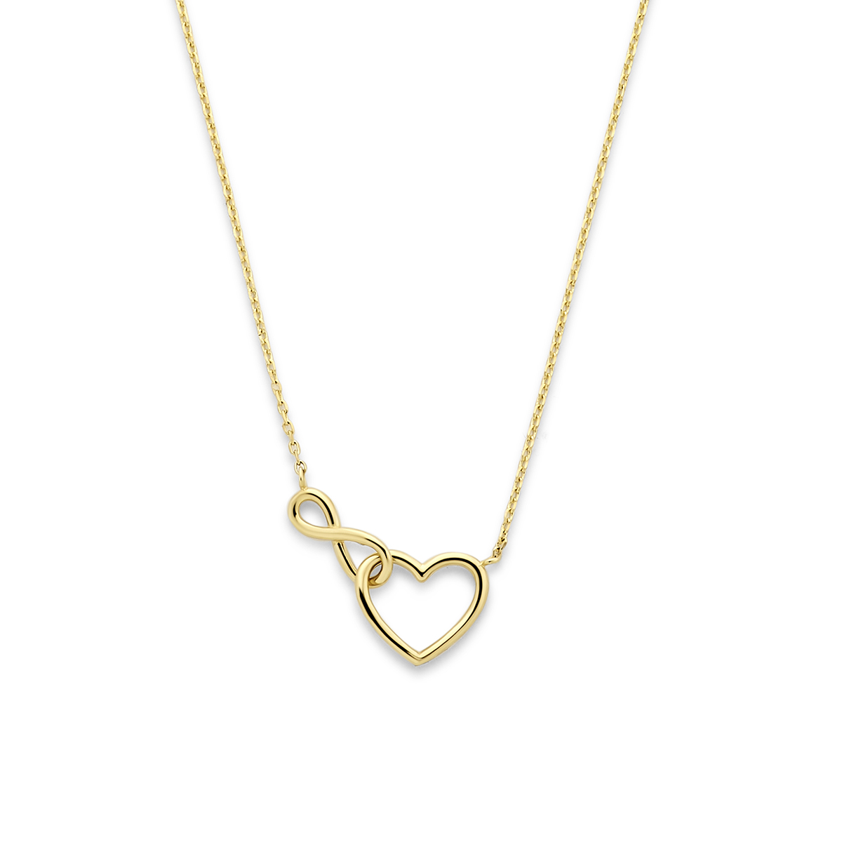14k Geelgouden collier uitgevoerd met een hartje en infinity. Het collier heeft draaglengtes van 40-42-44cm en een schakelbreedte van 0.8mm.
