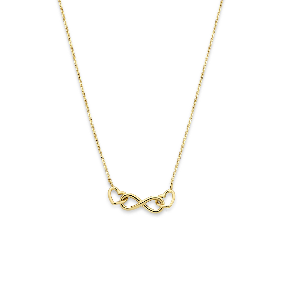 14k Geelgouden collier uitgevoerd met een infinity en twee hartjes. Het collier heeft draaglengtes van 40-42-44cm en een schakelbreedte van 0.8mm.