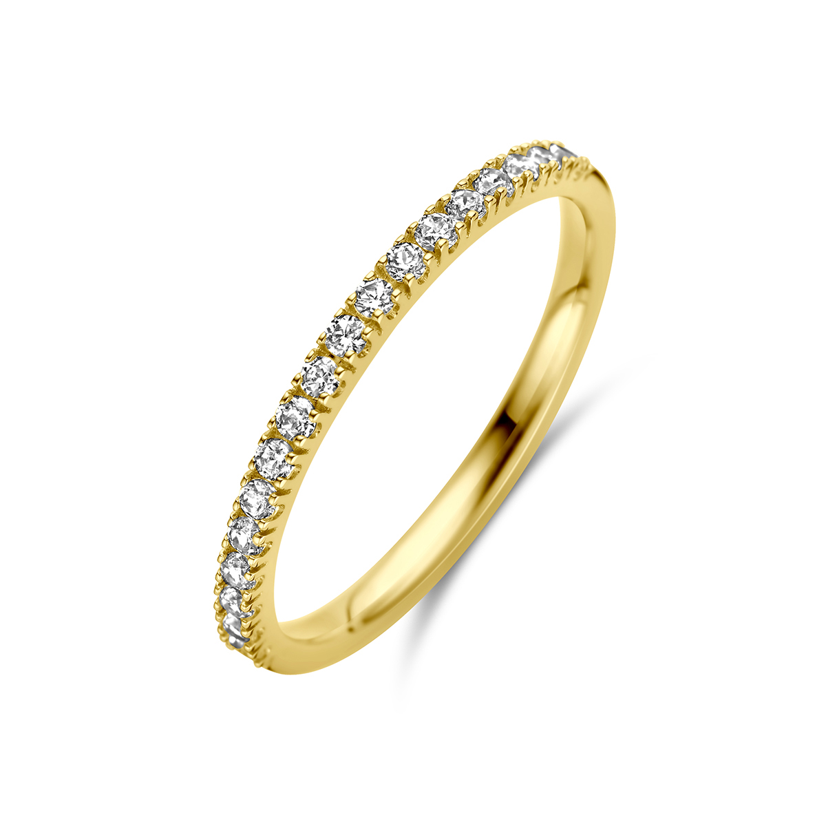 14k Geelgouden ring met geboortesteen uitgevoerd met zirkonia. De ring heeft een breedte van 1.5mm.