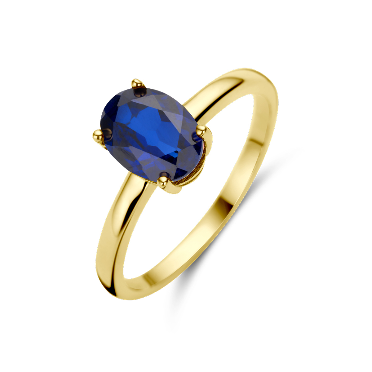 14k Geelgouden ring uitgevoerd met blauw saffier. De steen heeft een afmeting van 8x6mm.