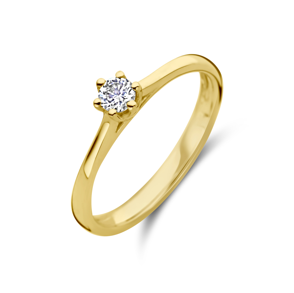 14k Geelgouden ring uitgevoerd met diamant. De ring heeft een breedte van 4.5mm.