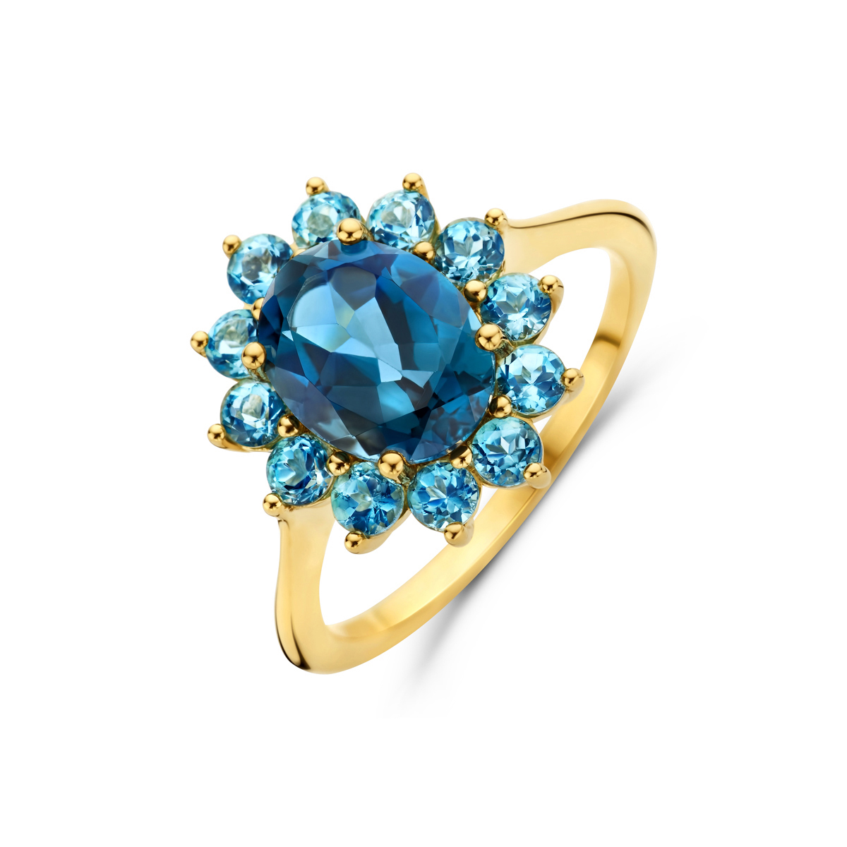 14k Geelgouden ring uitgevoerd met blauw topaas en London blue topaas. De ring heeft een breedte van 15mm.