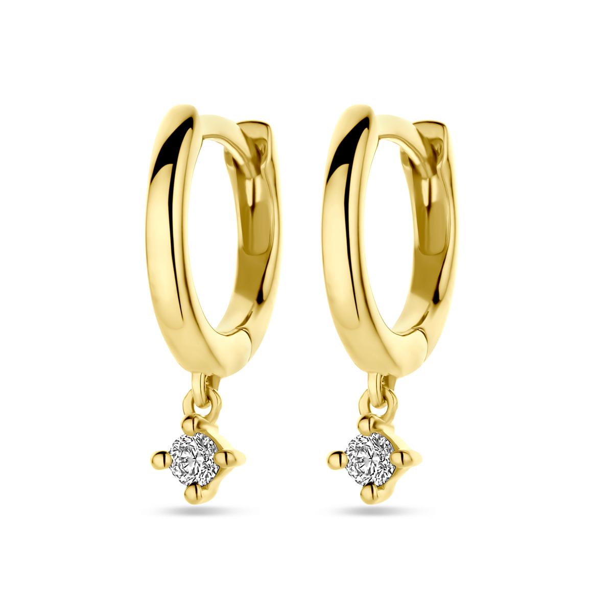 14k Geelgouden klapoorringen uitgevoerd met diamant. De klapoorringen hebben een diameter van 14.6mm.