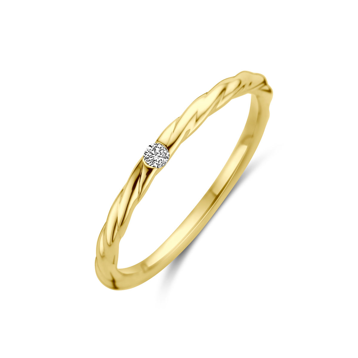 14k Geelgouden ring uitgevoerd met diamant. De ring heeft een breedte van 2mm en het diamantgewicht is 0.03ct.