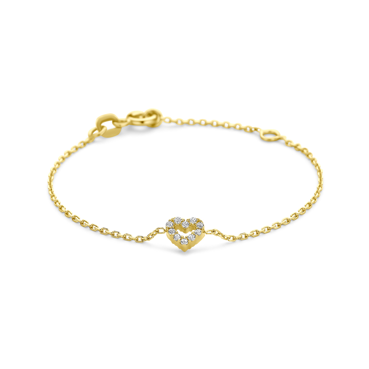 14k Geelgouden armband uitgevoerd met een hart en zirkonia. De armband heeft een draaglengte van 11cm en een extensie van 2cm.