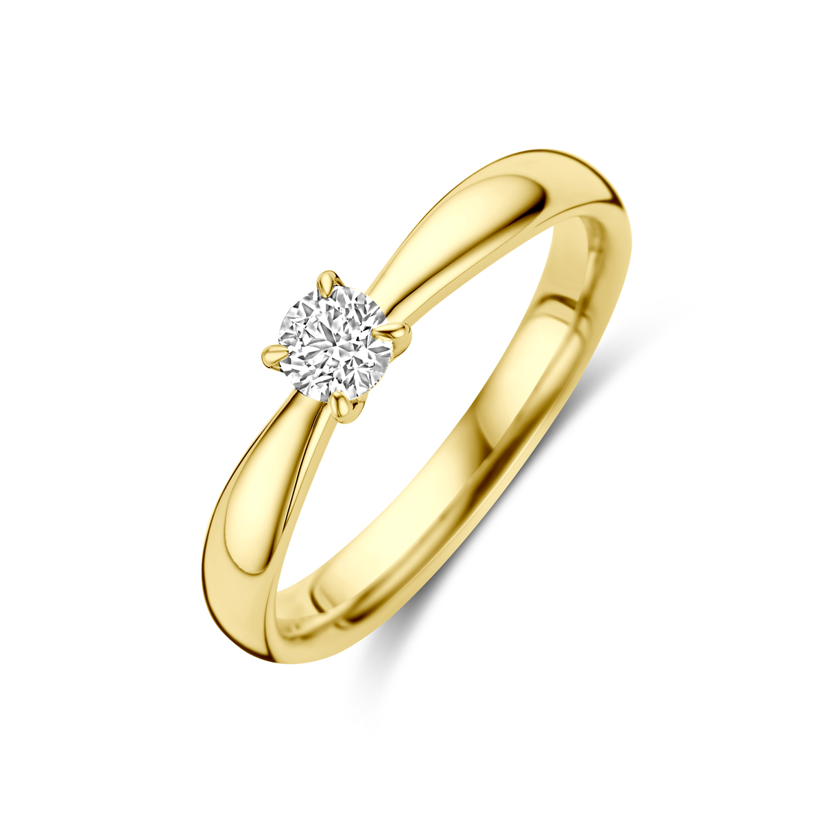 14k Geelgouden aanzoeksring uitgevoerd met diamant. De steenmaat is 4mm en het diamantgewicht is 0.25ct.