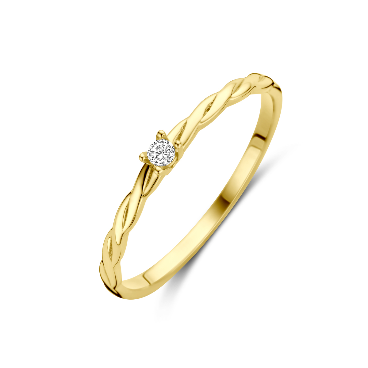 14k Geelgouden ring uitgevoerd met zirkonia. De ring heeft een breedte van 2mm.