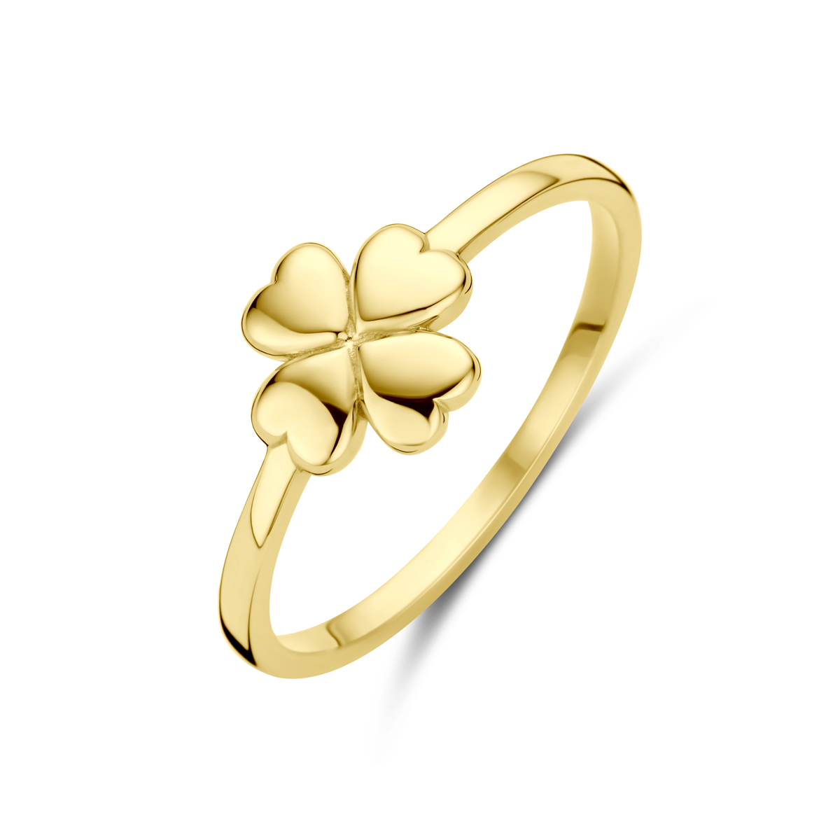 14k Geelgouden ring uitgevoerd met een klavertje. De ring heeft een breedte van 8mm.
