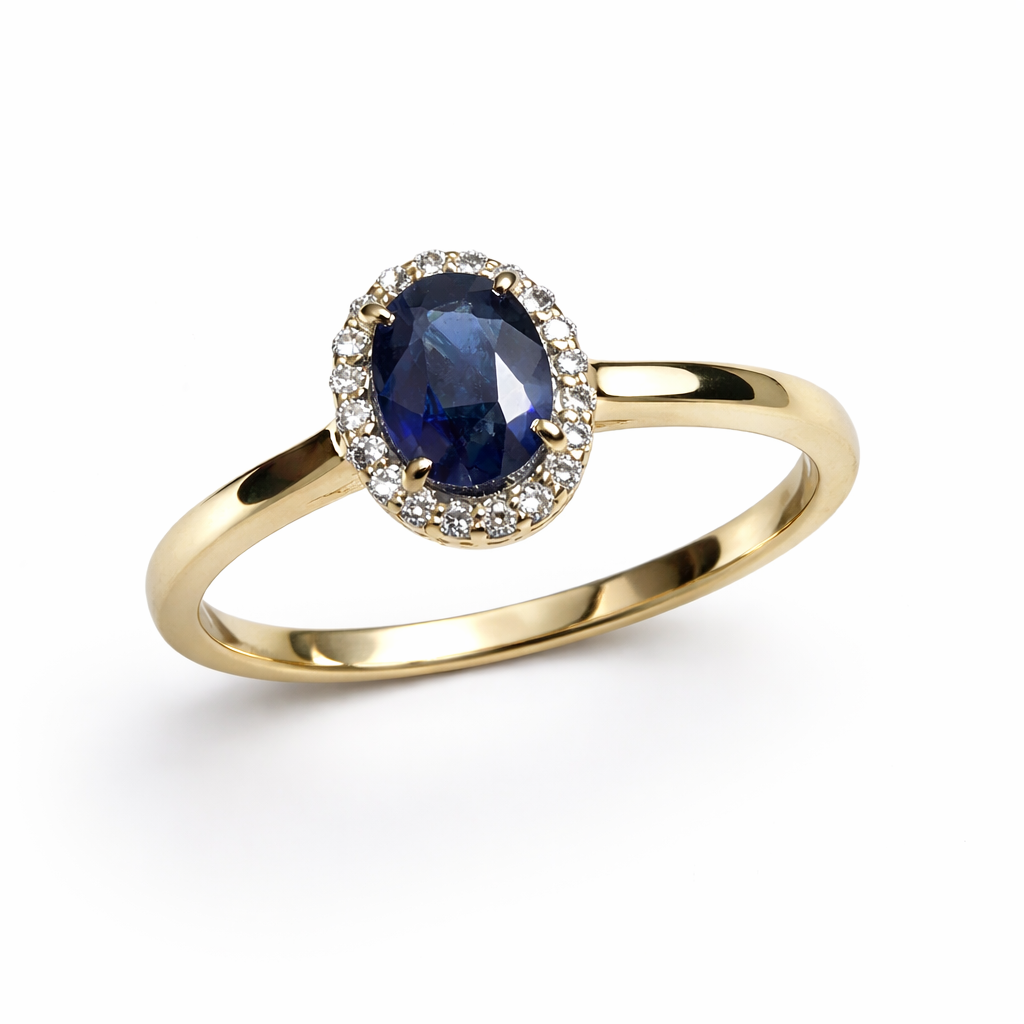 Prachtige gouden entouragering met blauwe saffier en 20 LabGrown diamanten totaalgewicht 0.40ct Ook als set verkrijgbaar