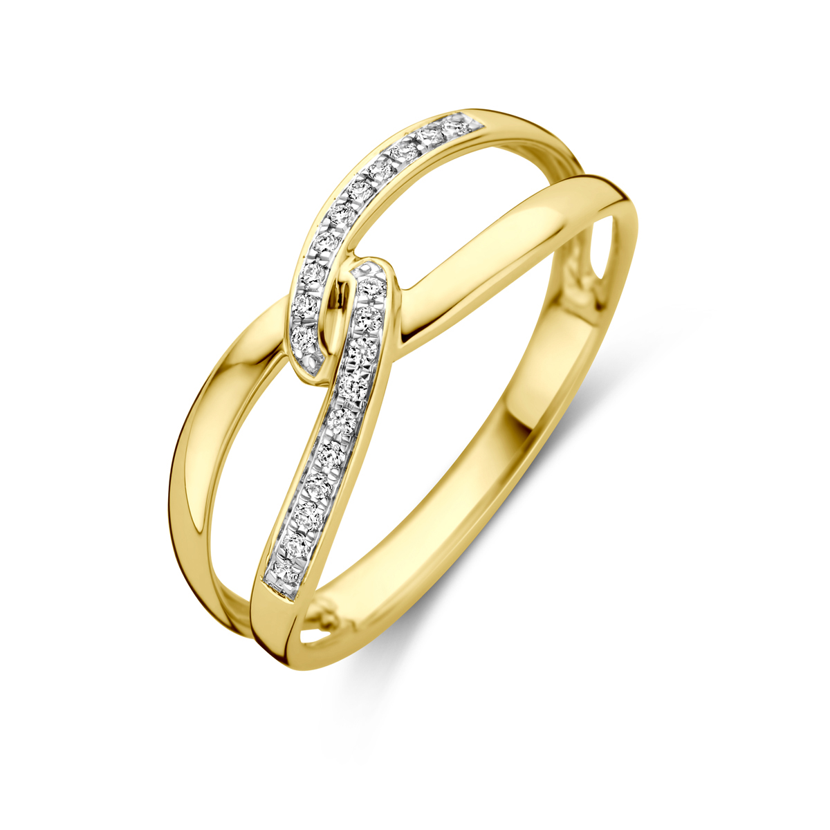 14k Geelgouden ring uitgevoerd met diamant. De ring heeft een breedte van 6.5mm. De totale diamantgewicht is 0.06ct.