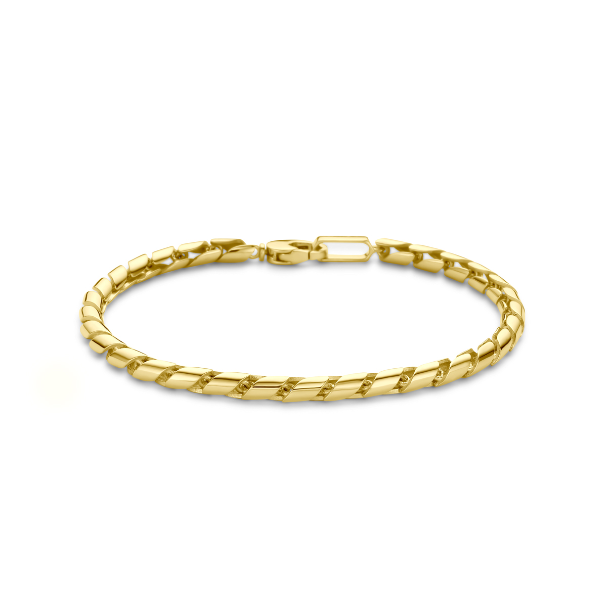 14k Geelgouden armband met een schakelbreedte van 4mm en draaglengte van 21cm. Uitgevoerd met karabijnsluiting.