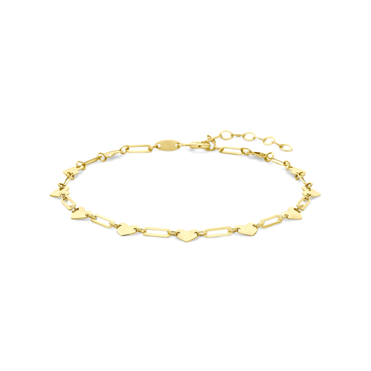 14k Geelgouden armband uitgevoerd met hartjes. De armband heeft een draaglengte van 16cm en een extensie van 3cm.