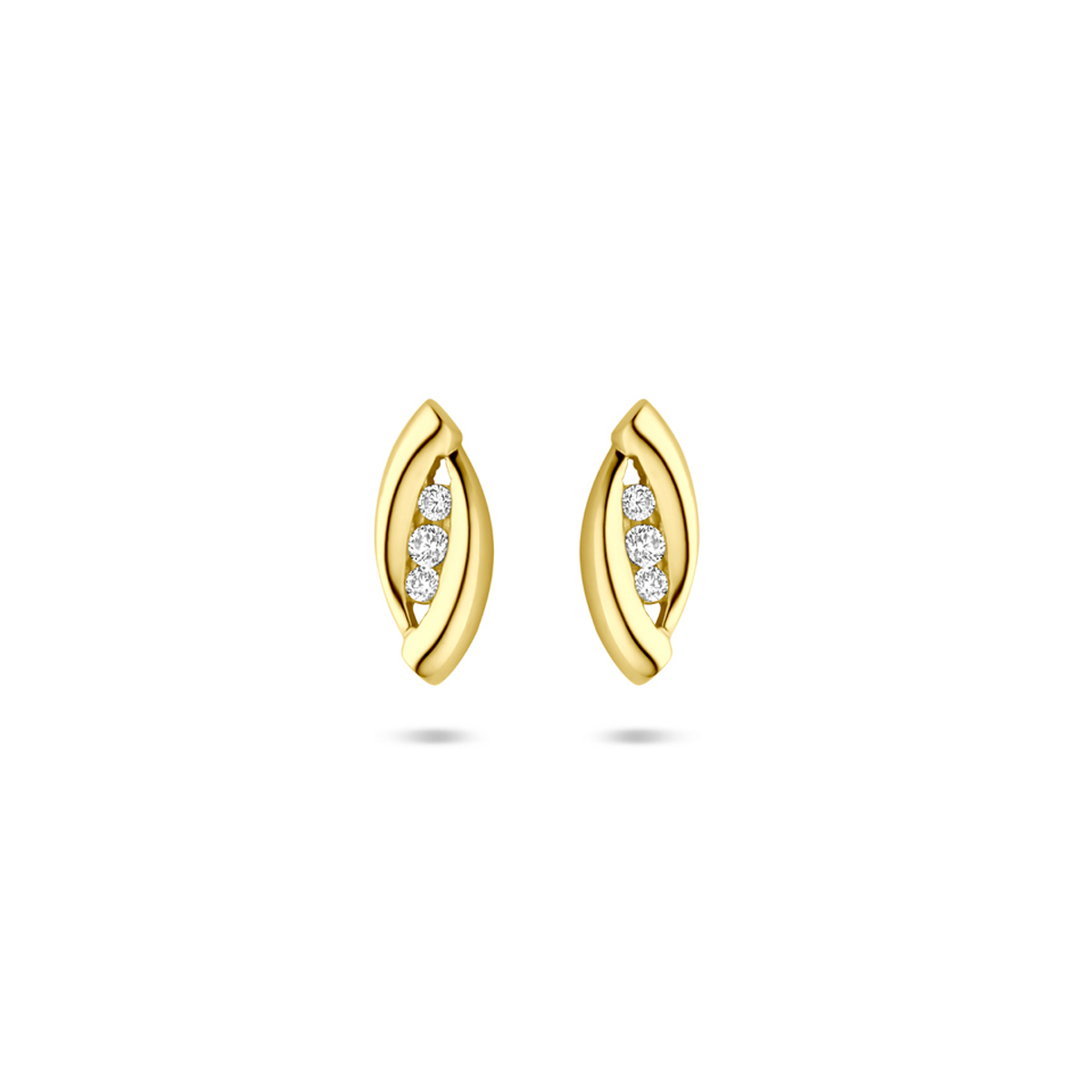 14k Geelgouden oorknoppen uitgevoerd met zirkonia. De oorknoppen hebben een afmeting van 10x4.5mm.