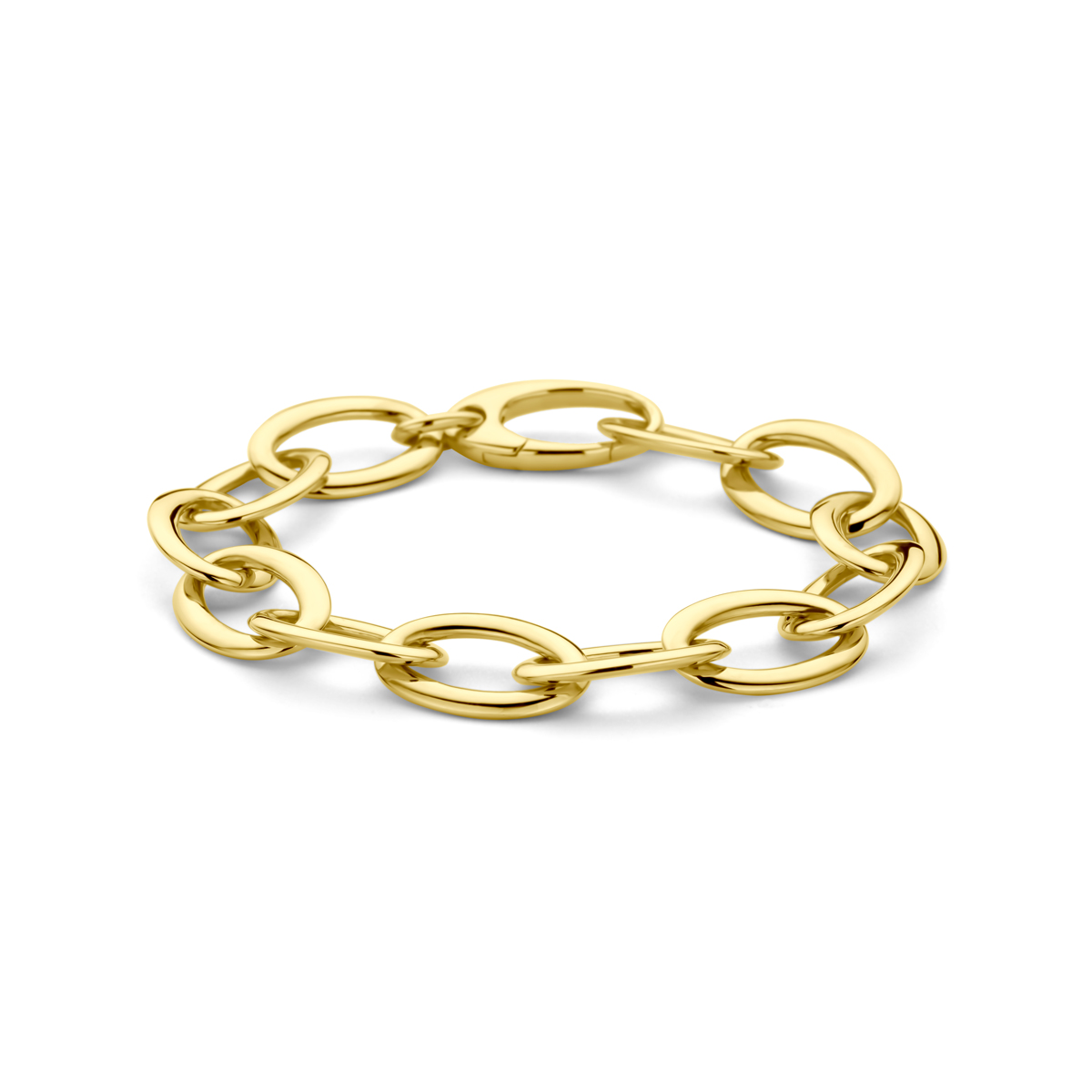 14k Geelgouden armband met een schakelbreedte van 13mm. De armband heeft een draaglengte van 19cm.