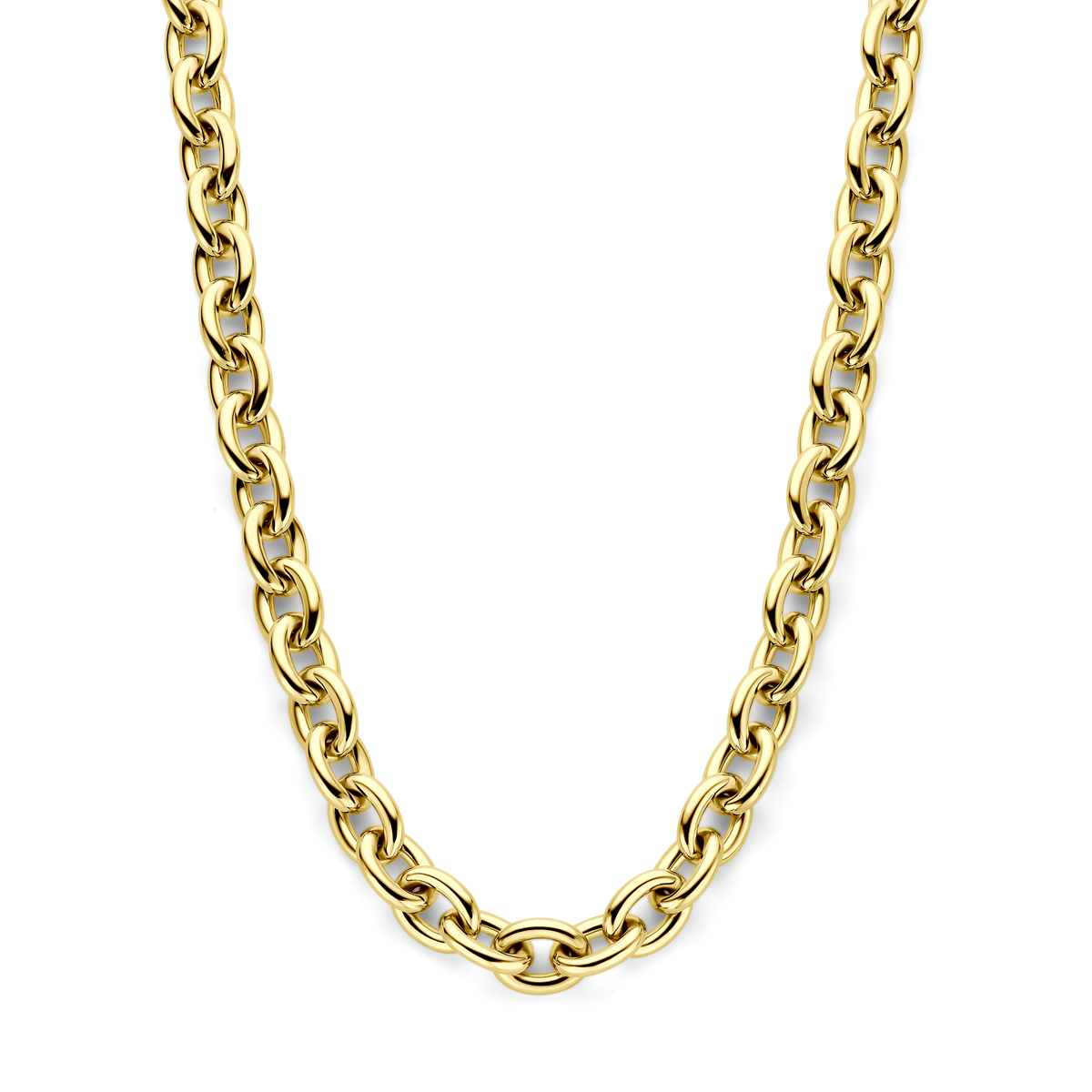 14k Geelgouden collier met een schakelbreedte van 9.5mm en een draaglengte van 45cm. Uitgevoerd met karabijnsluiting.
