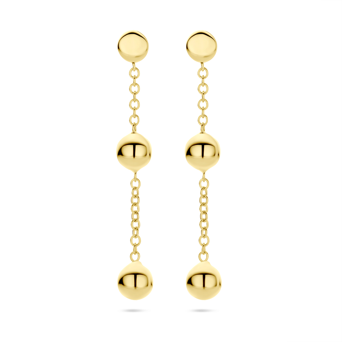 14k Geelgouden oorhangers met bolletjes. De oorhangers hebben een totale hoogte van 37mm.