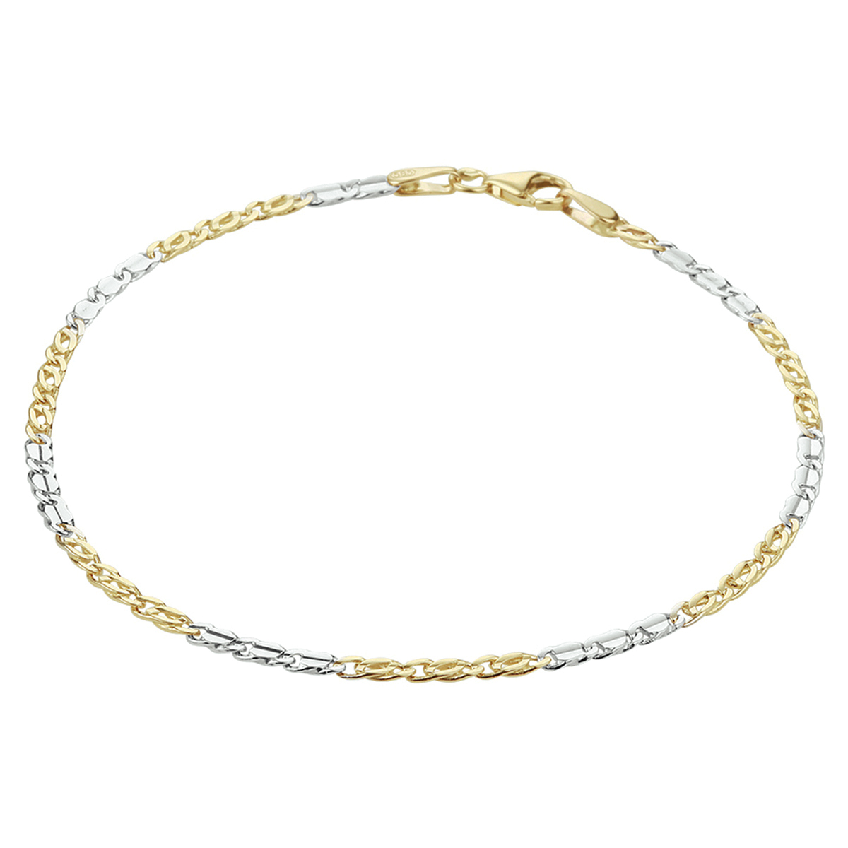 14k Bicolor geel- en witgouden valkenoog armband. De armband heeft een stevige karabijn sluiting. De schakelbreedte is 2.1mm.