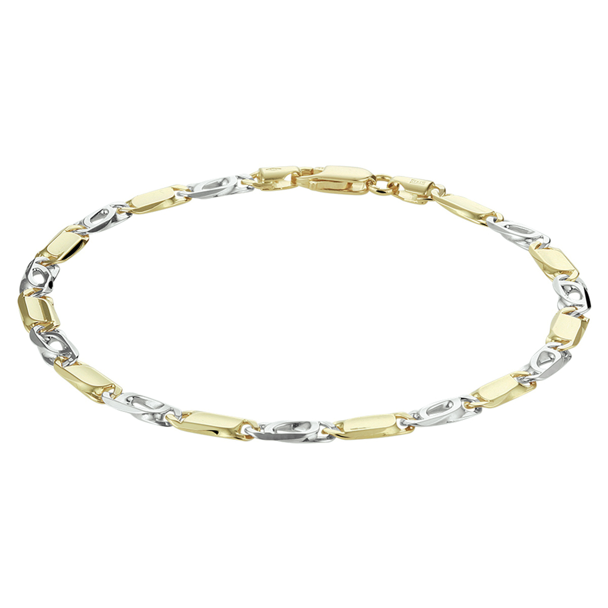 14k Bicolor wit- en geelgouden armband met een valkenoog schakel. De armband is uitgevoerd met een karabijn sluiting. De schakelbreedte is 4.3mm.