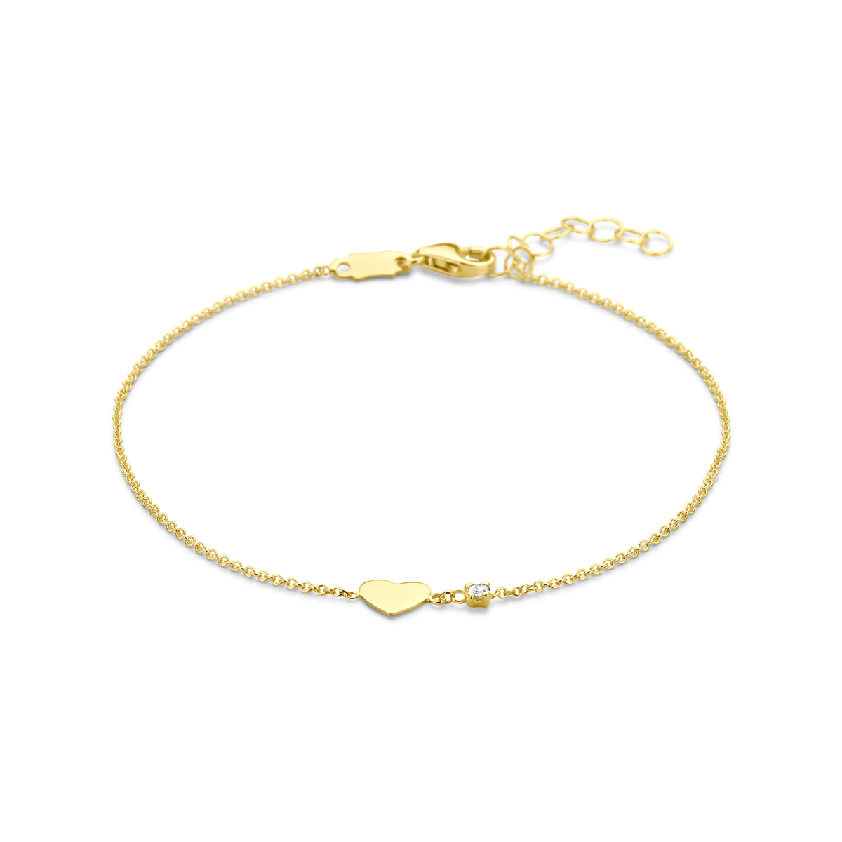 14k Geelgouden armband uitgevoerd met een hartje en diamant. De armband heeft een draaglengte van 16cm met 2cm extensie. Het totale diamantgewicht is 0.02ct.