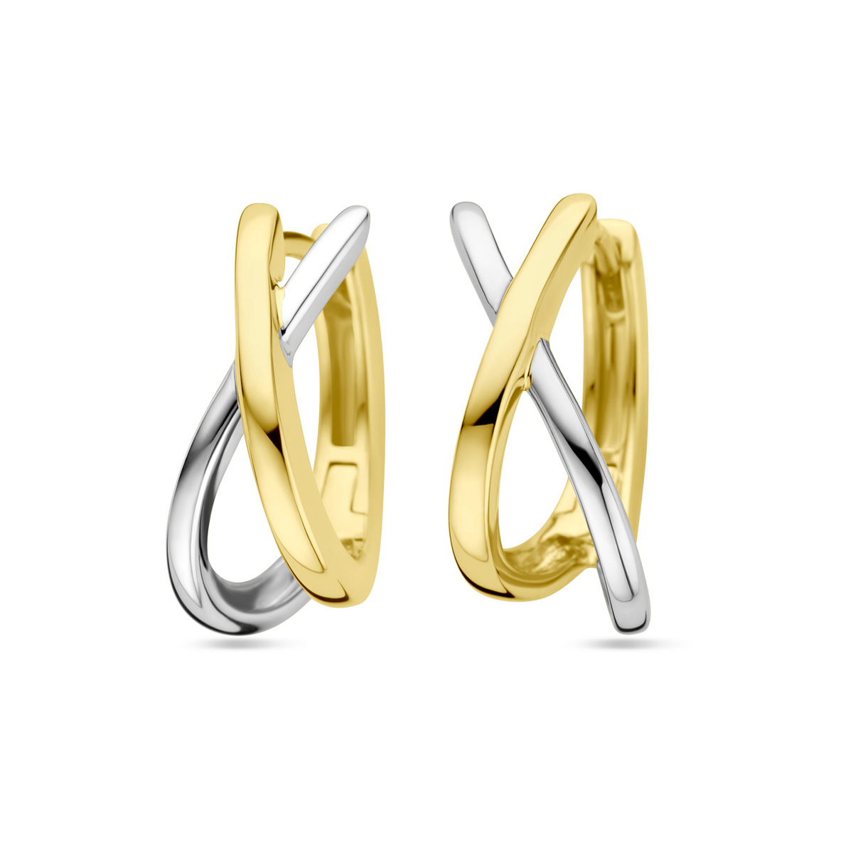 14k Bicolor wit- en geelgouden klapoorringen met een afmeting van 16.5x6.5mm.