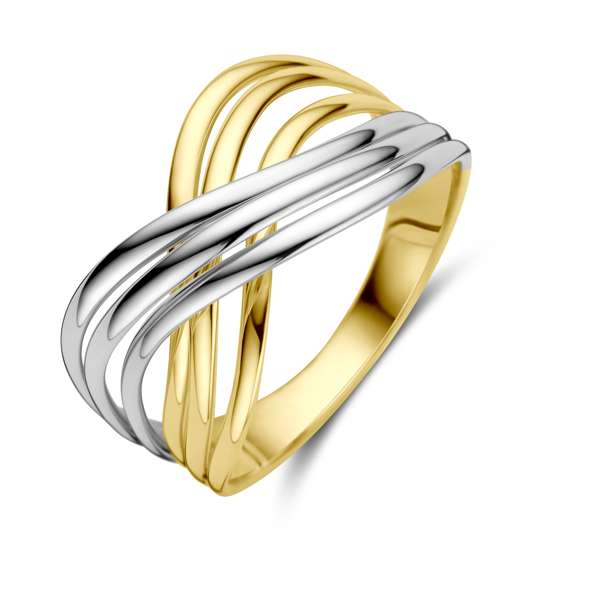 14k Bicolor wit- en geelgouden ring met een breedte van 11.5mm.