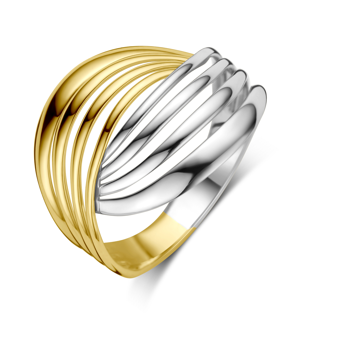 14k Bicolor wit- en geelgouden ring met een breedte van 16mm.