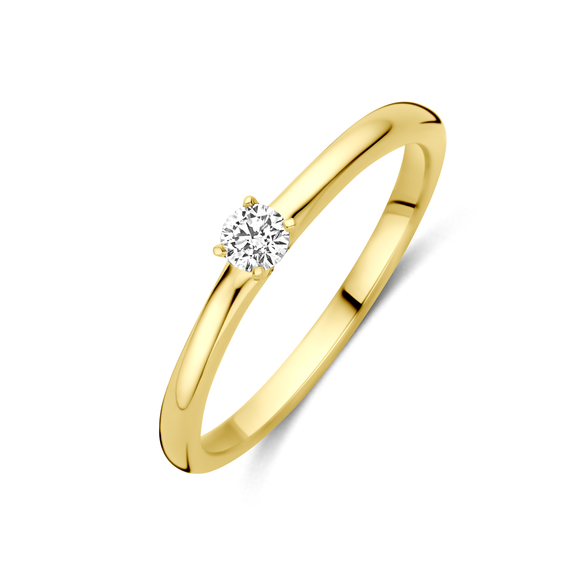 14k Geelgouden ring uitgevoerd met lab grown diamant. De ring heeft een breedte van 3 mm. Het diamantgewicht is 0.10ct. Lab grown diamanten zijn diamanten die ontstaan in een laboratorium. Onder extreem hoge druk en temperatuur wordt het natuurlijk ontstaansproces nagebootst met als eindresultaat een diamant met dezelfde chemische eigenschappen maar met een andere oorsprong.