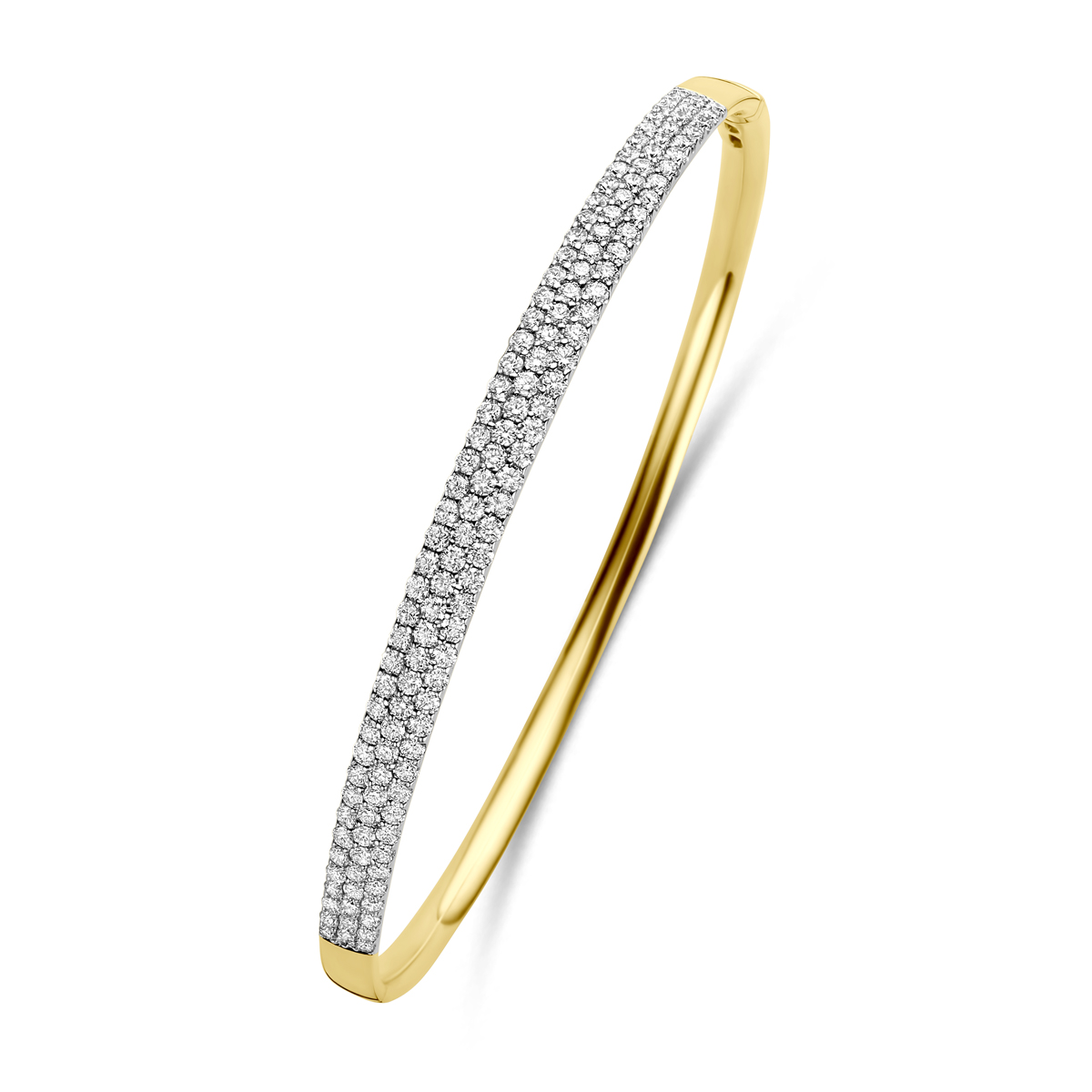 14k Bicolor geel en witgouden bangle uitgevoerd met diamanten. De bangle heeft een afmeting van 4.5x60mm. Het totale diamantgewicht is 1.93ct.