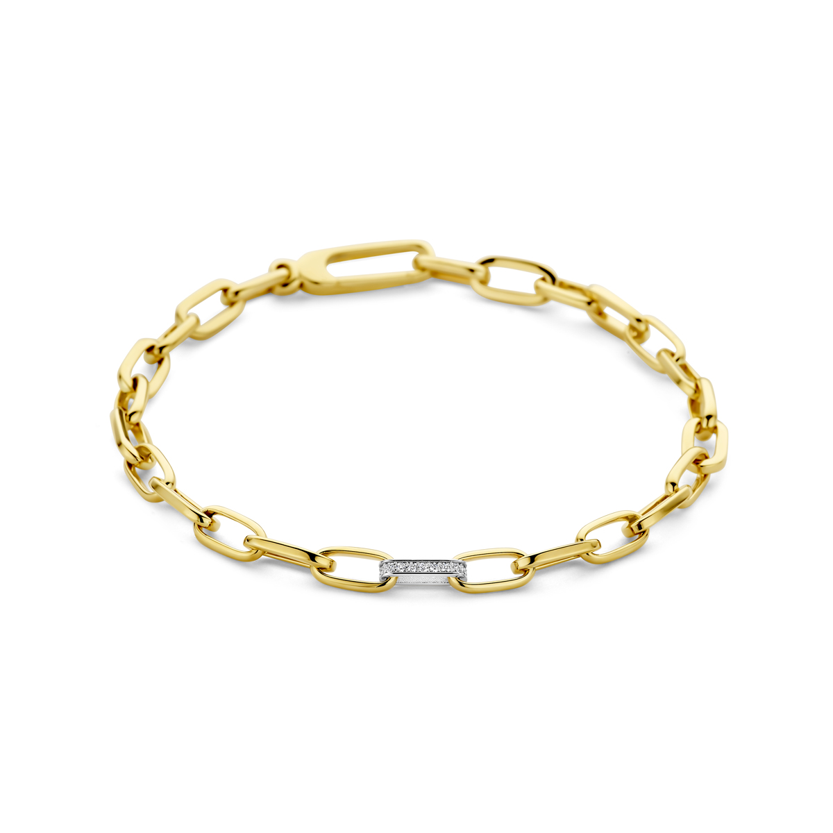 14k Bicolor geel- en witgouden armband uitgevoerd met diamant. De armband heeft een schakelbreedte van 4,8mm en een lengte van 19cm. Het totale diamantgewicht is 0.09ct. Uitgevoerd met een karabijnsluiting.