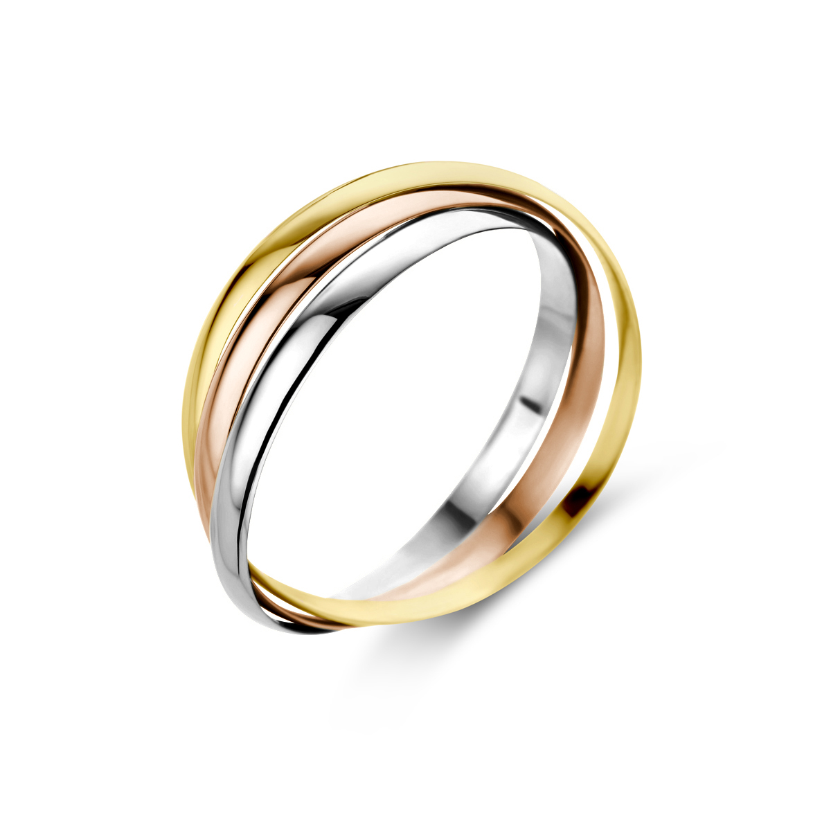Tricolor wit- rose- en geelgouden ring bestaande uit 3 in elkaar geplaatste losse ringen.